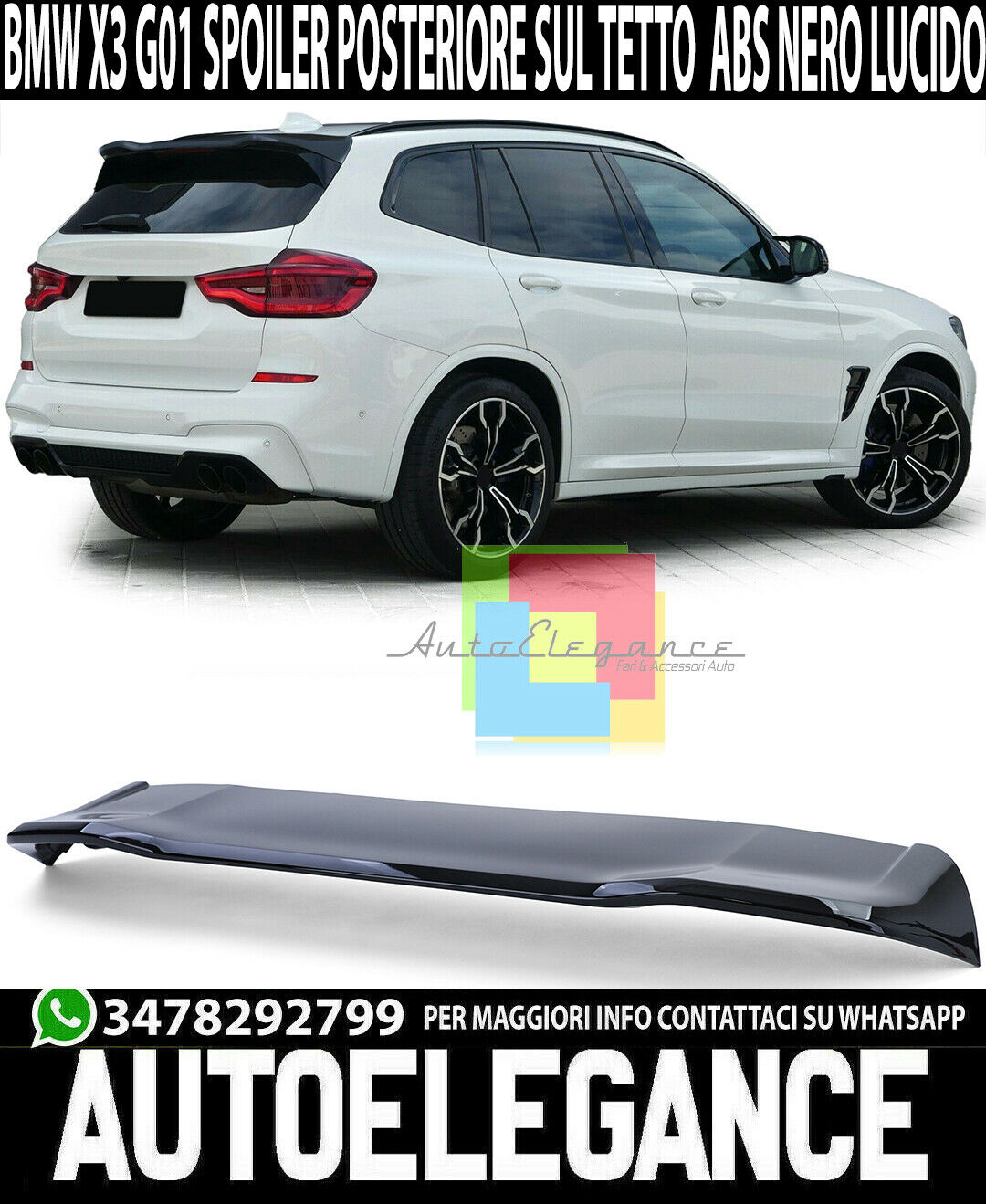 ALETTONE BMW X3 G01 SPOILER TETTO POSTERIORE LOOK M SPORT NERO LUCIDO ABS ..