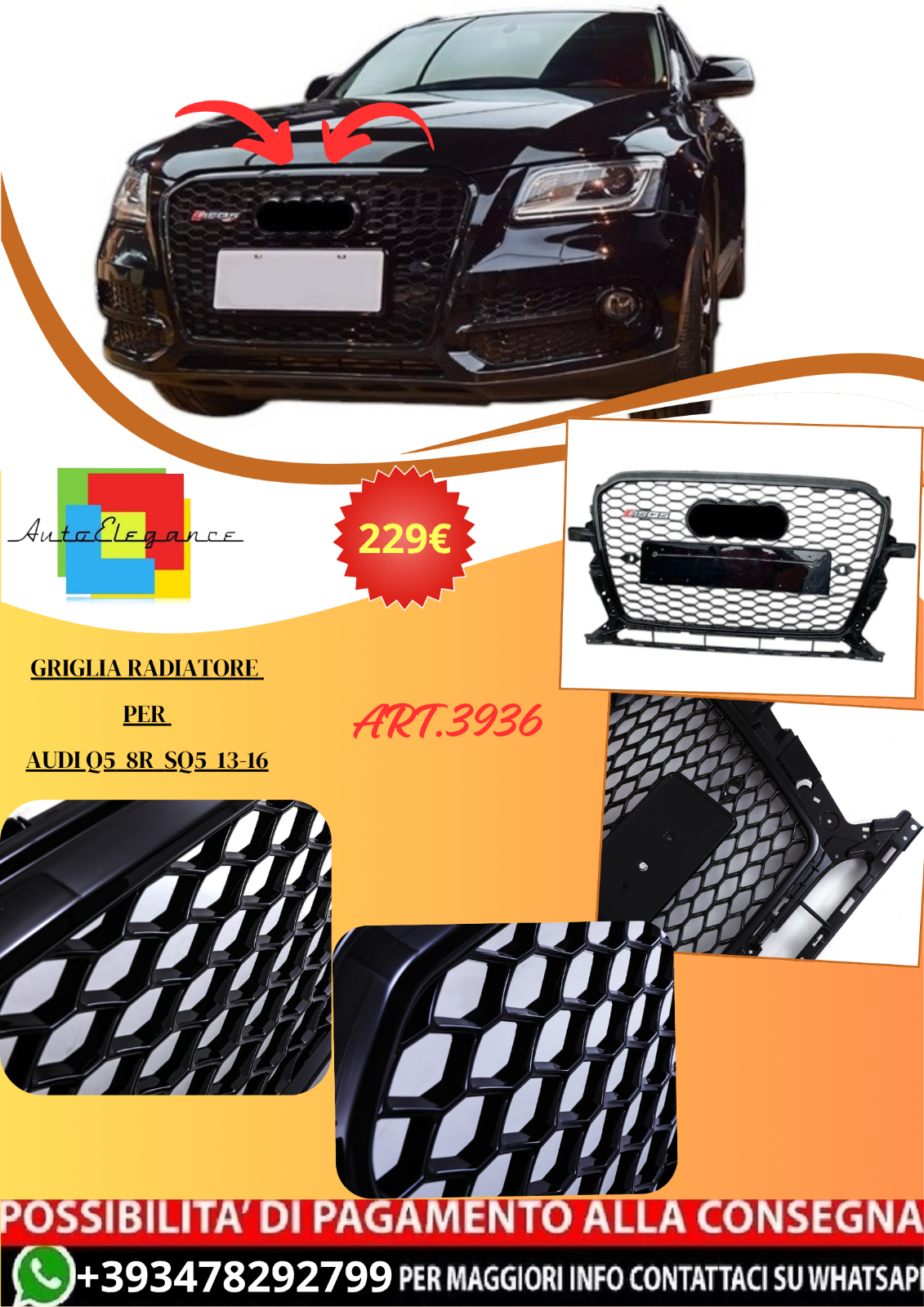 ART.3936 Griglia Radiatore per Audi Q5 8R SQ5 13-16 (Nero Lucido)