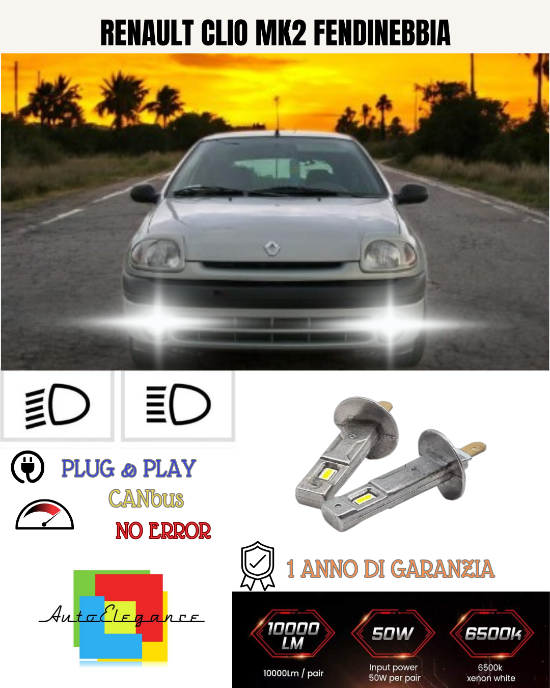 KIT LED H1 RENAULT CLIO MK2 FENDINEBBIA 6000K BIANCO 6000 LUMEN