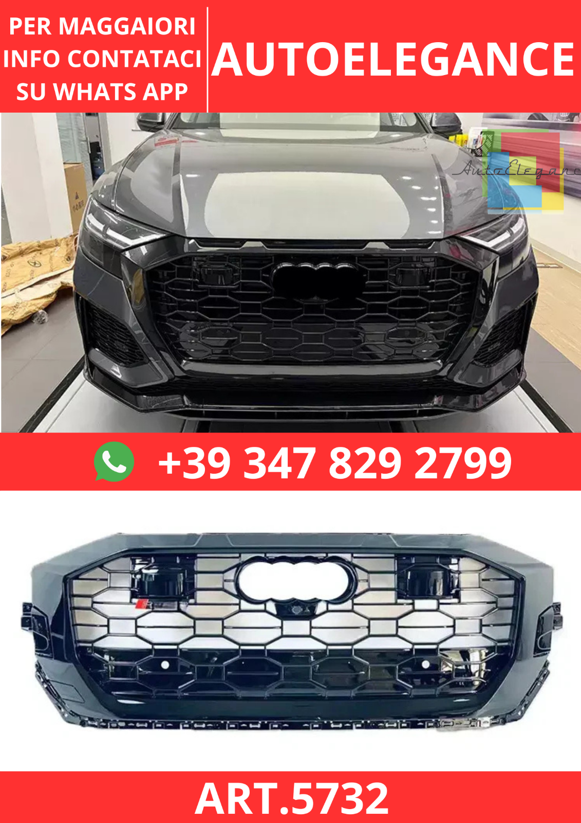 ART.5732 CALANDRE AVANT RSQ8 NOIRE EN NID D’ABEILLE POUR AUDI Q8 / SQ8 19-24