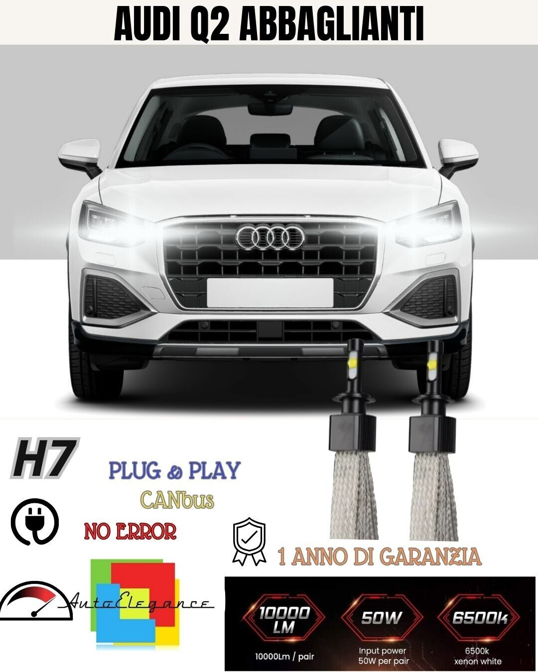 KIT LED H7 AUDI Q2 6000K XENON NO AVARIA ABBAGLIANTI 6400 LUMEN NO ERROR
