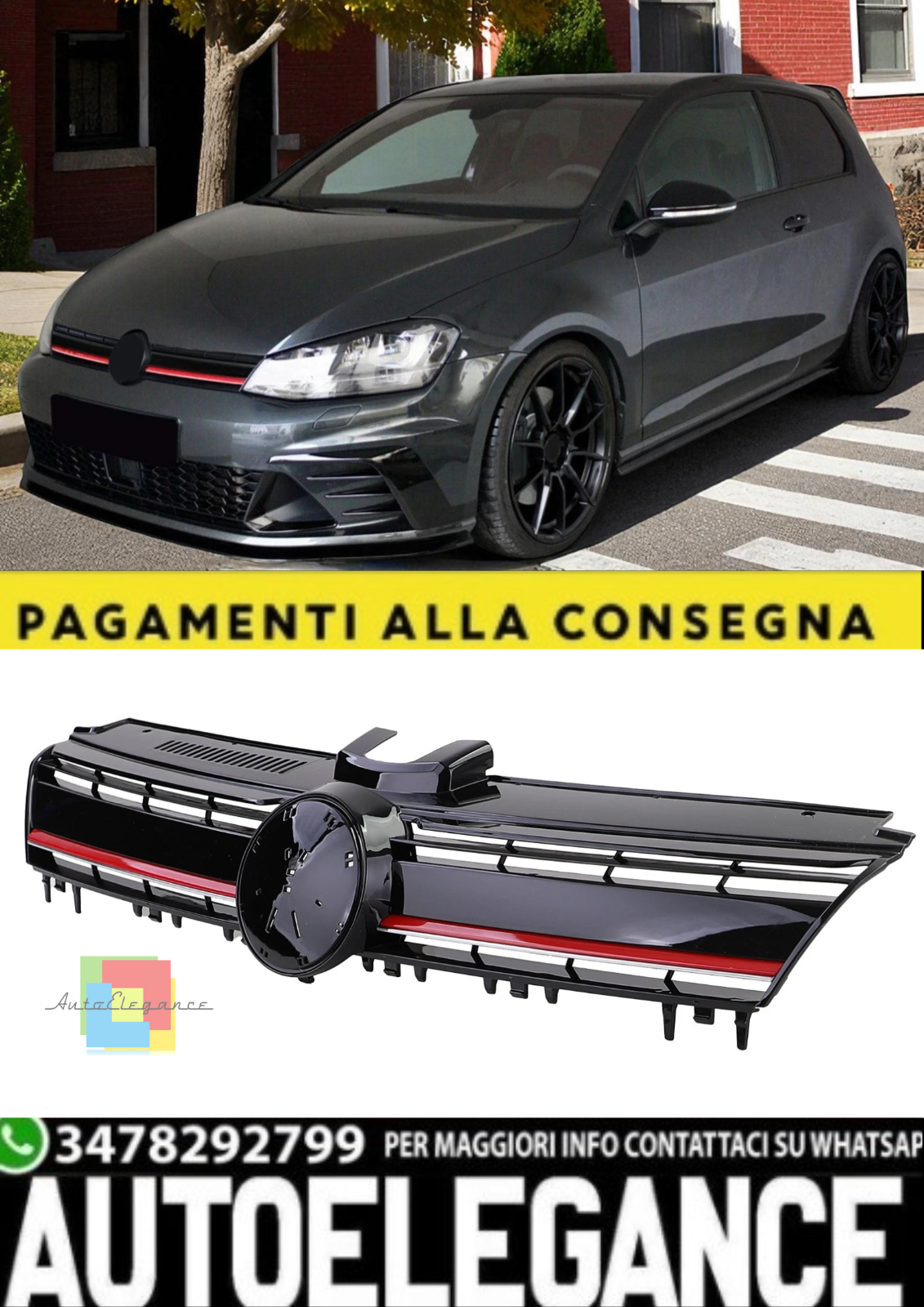 Grill Performance Shiny Black With Stripe Red for VW Golf 7 Gti