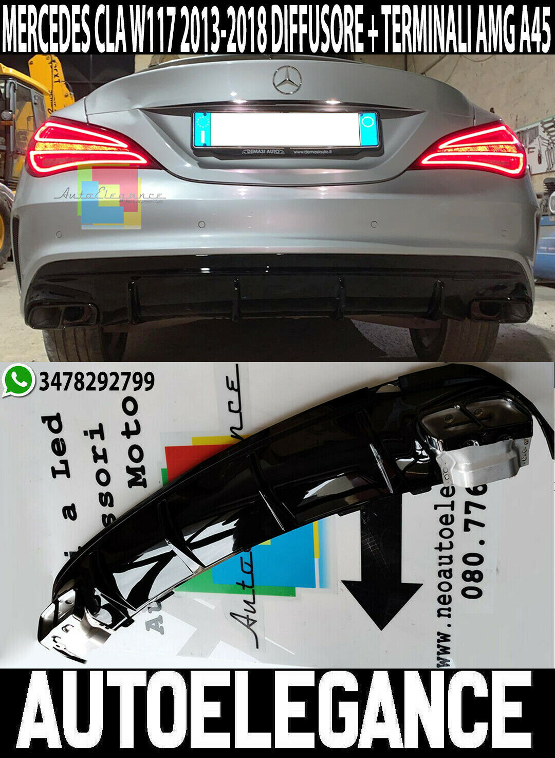 Mercedes Cla W117 2013-2018 Diffusor Hinten Anschl&uuml;sse A45 AMG Black Line