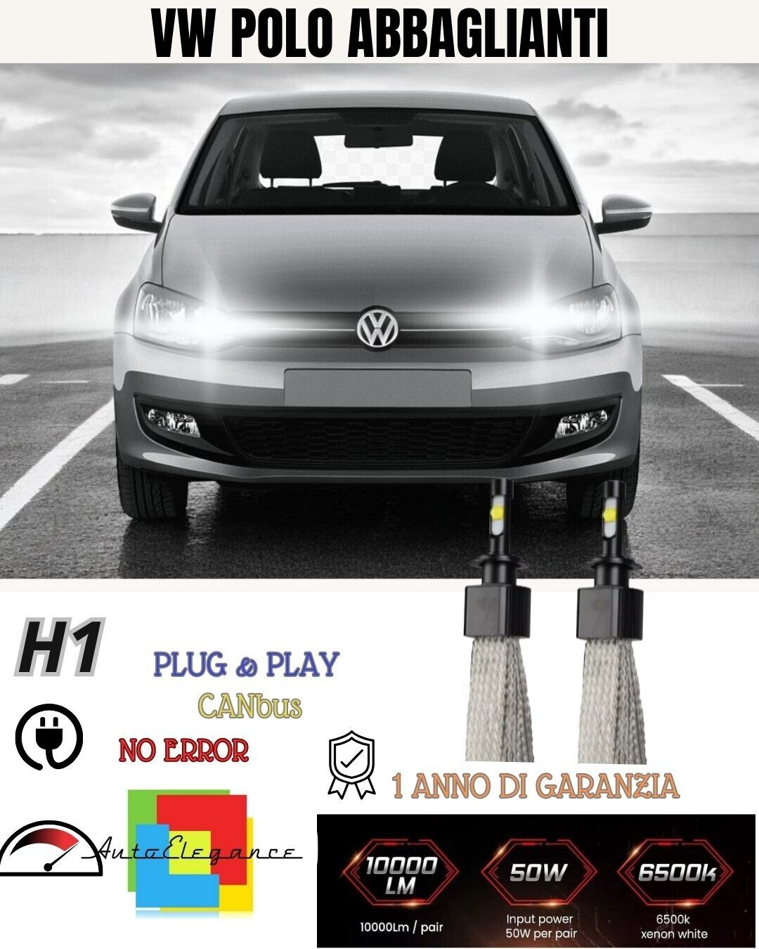 KIT LED H1 VW POLO 9N 6000K ABBAGLIANTI 6400 LUMEN CANBUS ACCENSIONE IMMEDIATA