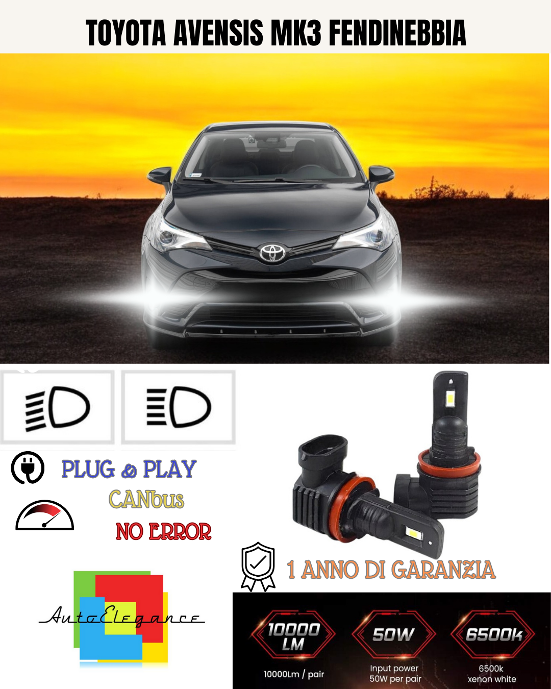 KIT LED H16 TOYOTA AVENSIS MK3  FENDINEBBIA 6000K BIANCO 6000 LUMEN