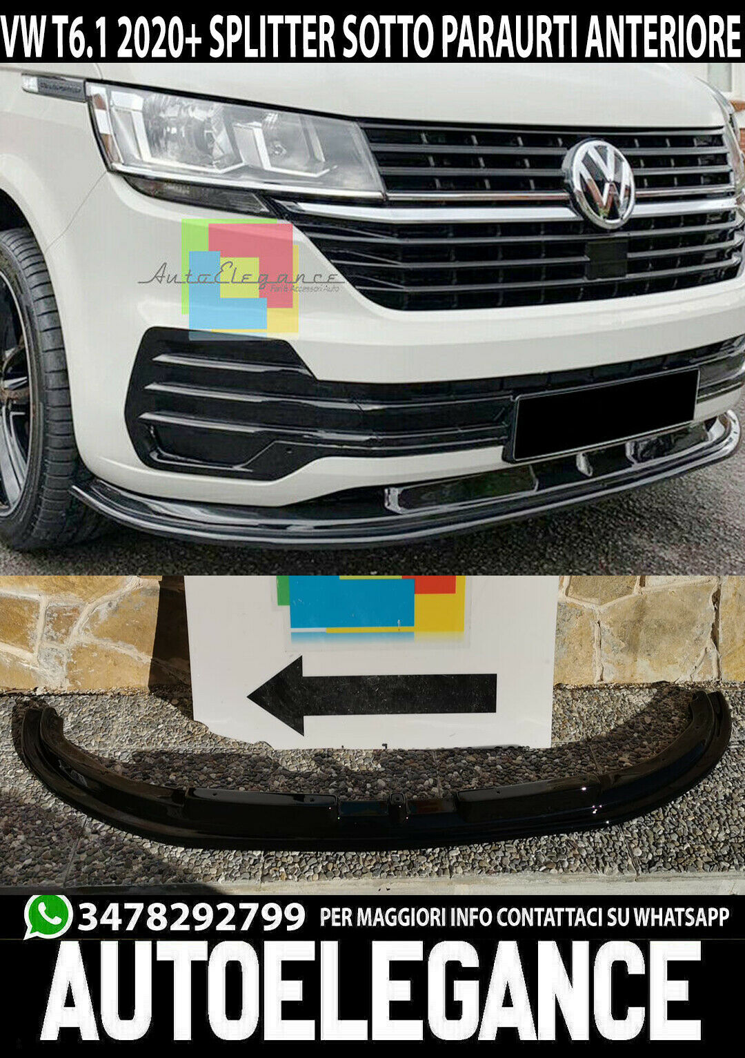 SPLITTER VW TRANSPORTER T6.1 LIFT 2020+ SOTTO PARAURTI ANTERIORE ABS NERO LUCIDO