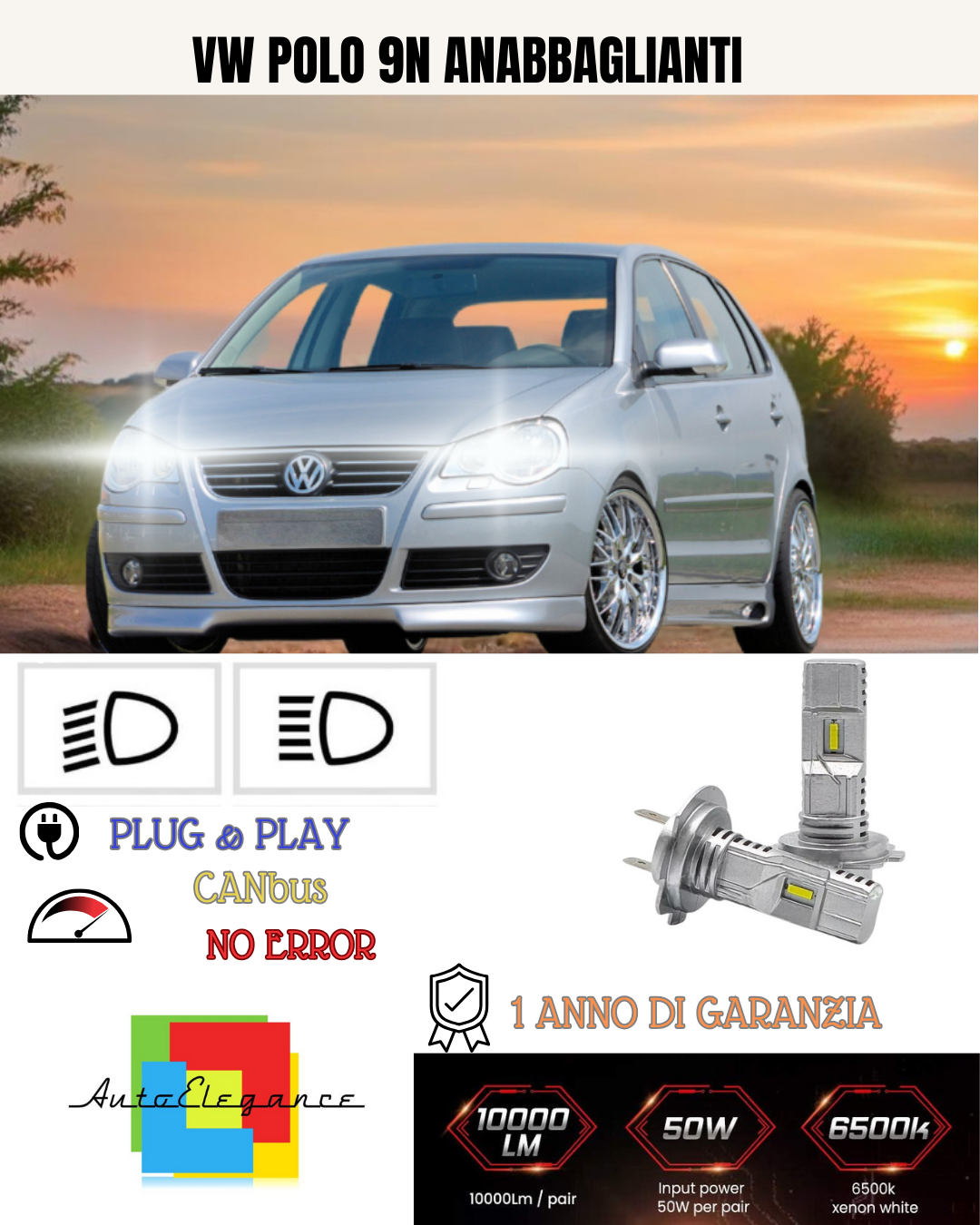 KIT FULL LED VW POLO 9N H7 6000K BIANCO 6000 LUMEN ANABBAGLIANTI