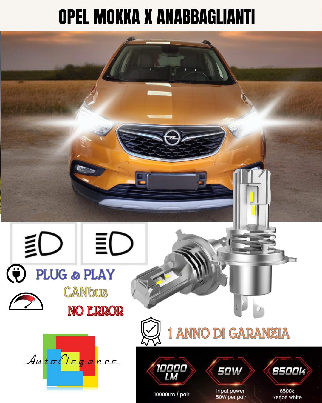 KIT LED H7 OPEL MOKKA X 6000K BIANCO 6000 LUMEN CANBUS ANABBAGLIANTI