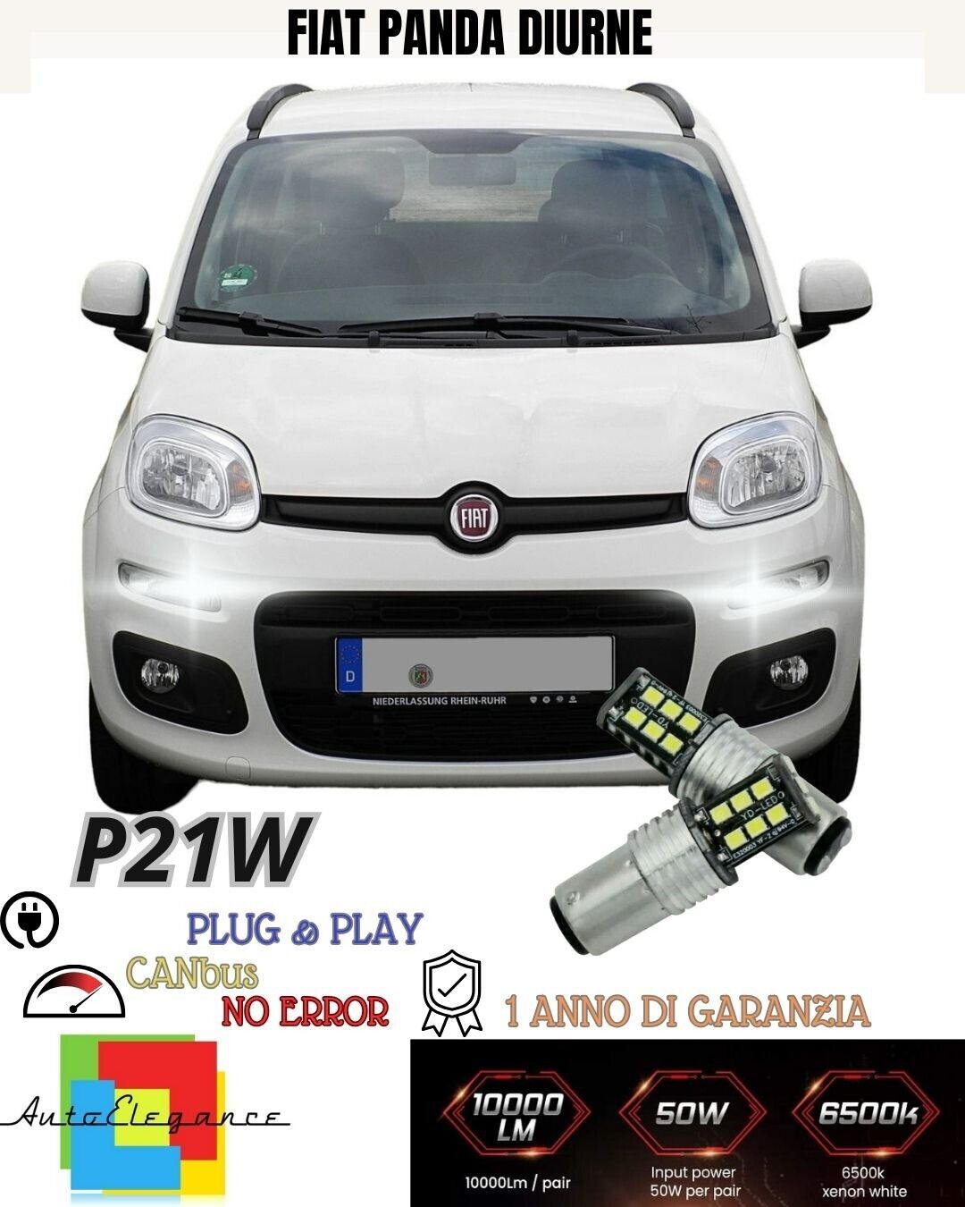 COPPIA LUCI DIURNE DRL 15 LED P21W BAY15D CANBUS FIAT PANDA 3&deg; 6000K NO ERRORE