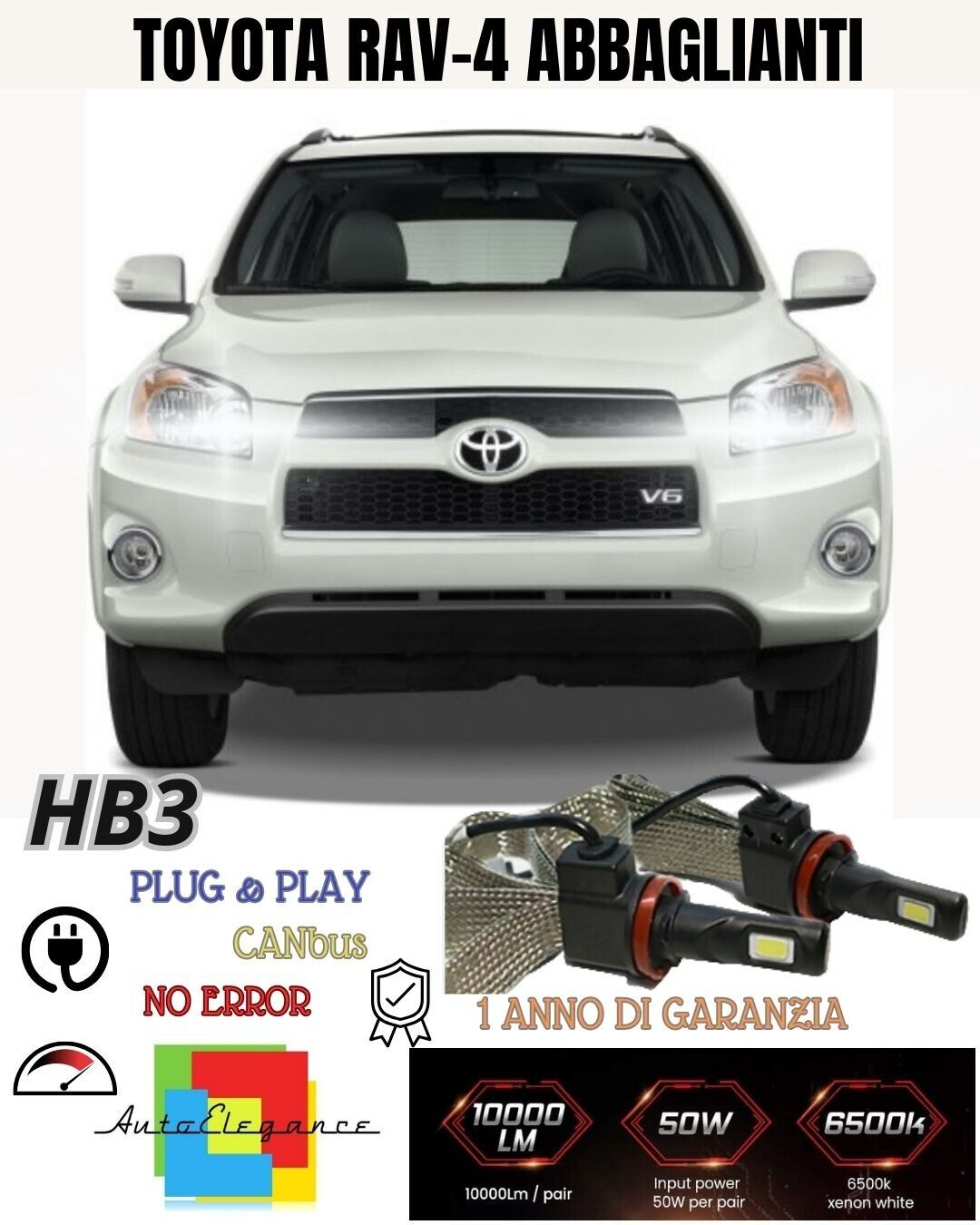 KIT FULL LED HB3 ABBAGLIANTI TOYOTA RAV-4 MK3 III 6000K BIANCO CANBUS 6400 LUMEN