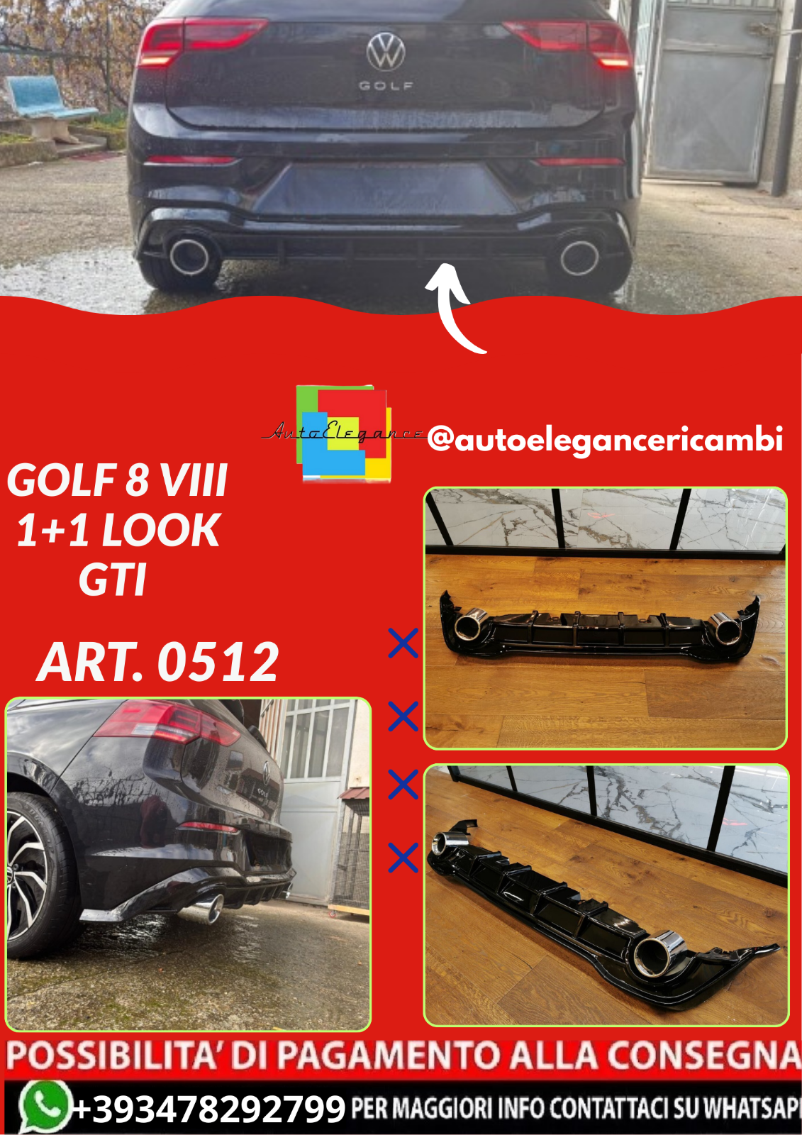 ART.0512 Difusor Golf 8 VIII 1+1 Look GTI negro brillo + colas de escape