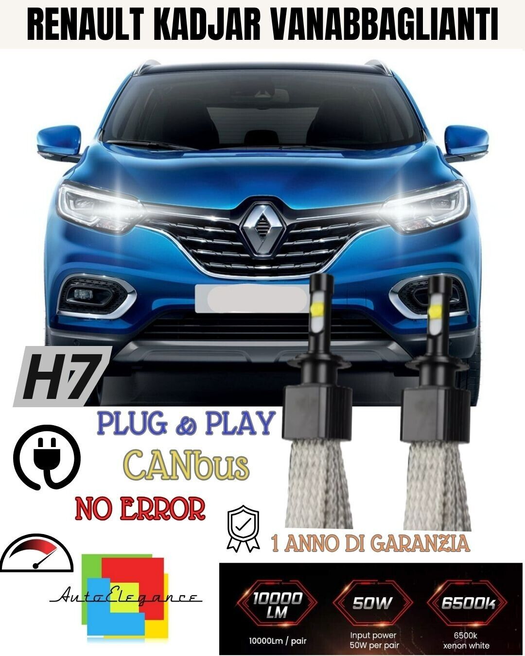 KIT LED H7 RENAULT KADJAR 6000K XENON NO AVARIA ABBAGLIANTI 6400 LUMEN