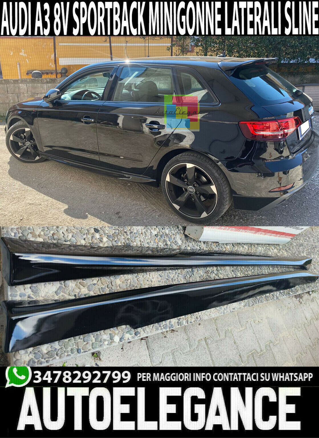 MINIGONNE LATERALI AUDI A3 8V 5 PORTE 2012+ SOTTO PORTA S3 SLINE ABS NERO LUCIDO