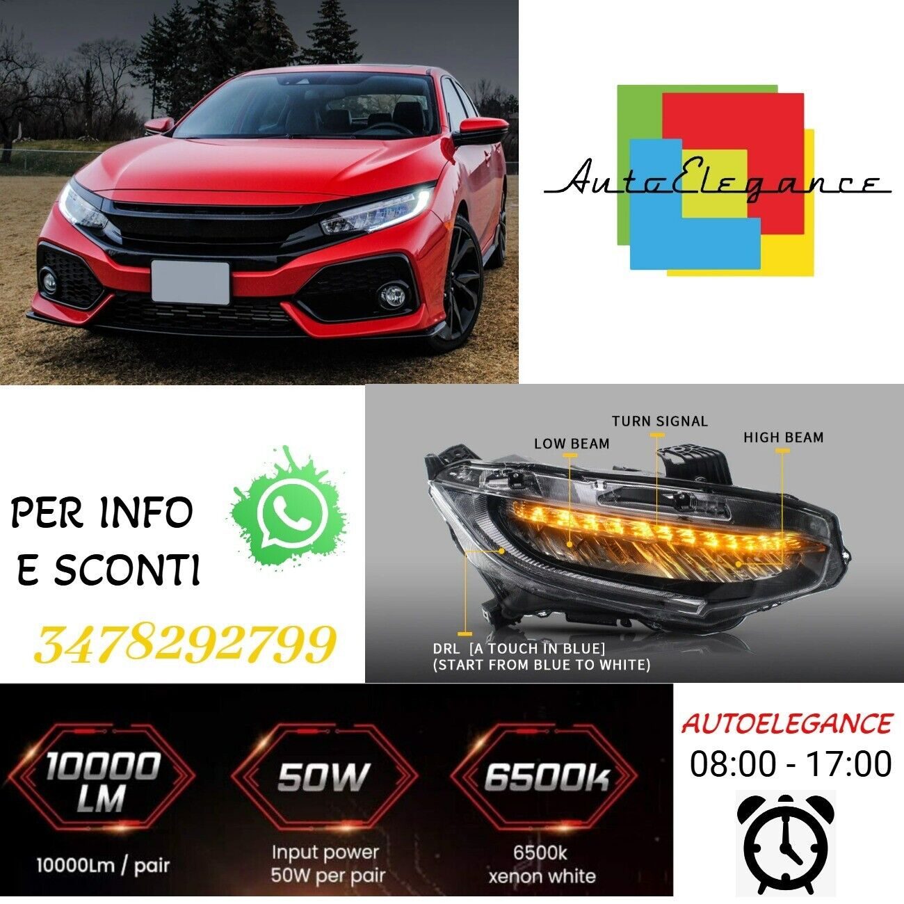 Phares Full LED pour Honda Civic 2016-2021 Avec Indicateurs S&eacute;quentiel