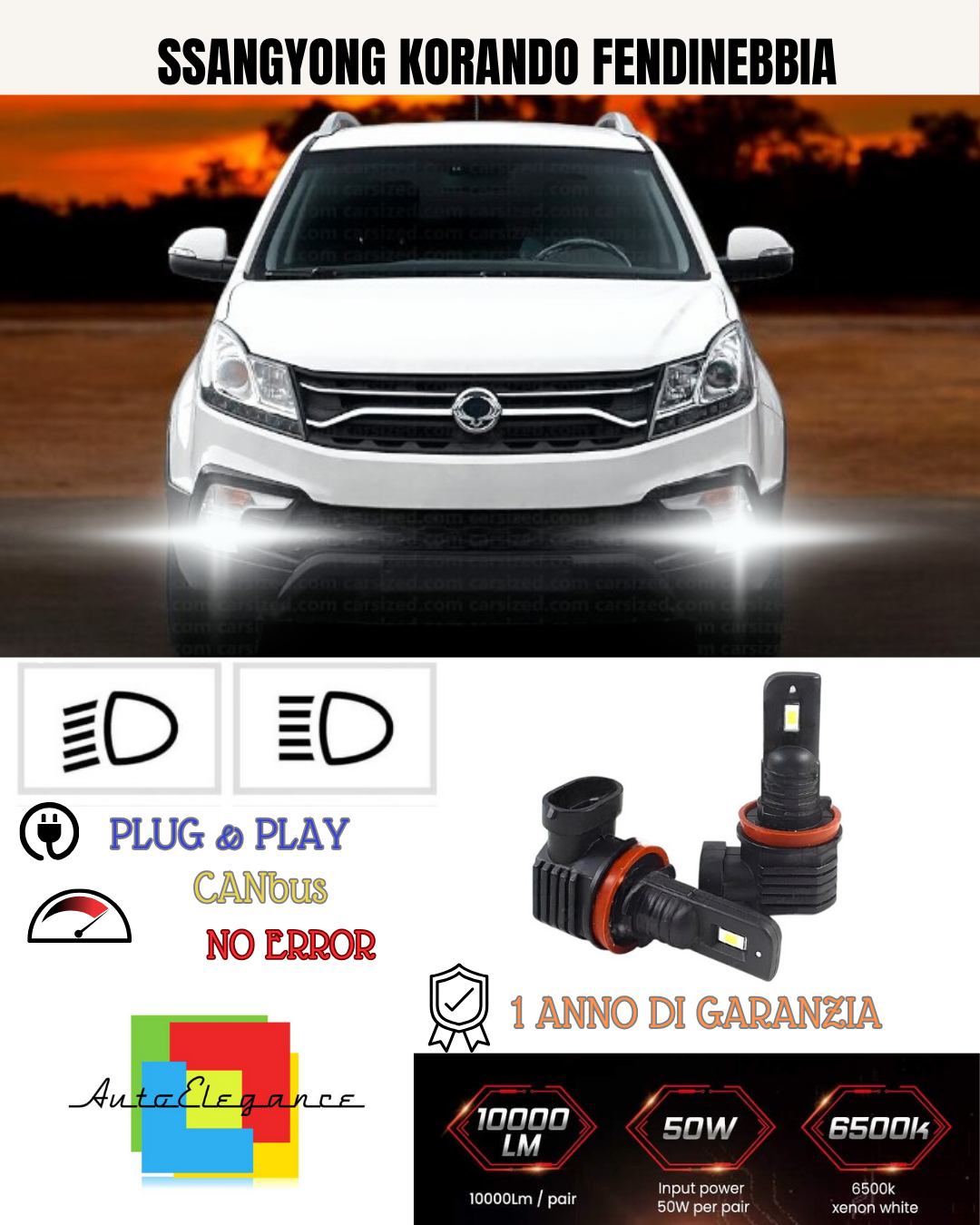 KIT LED H16 SSANGYONG KORANDO FENDINEBBIA 6000K BIANCO 6000 LUMEN