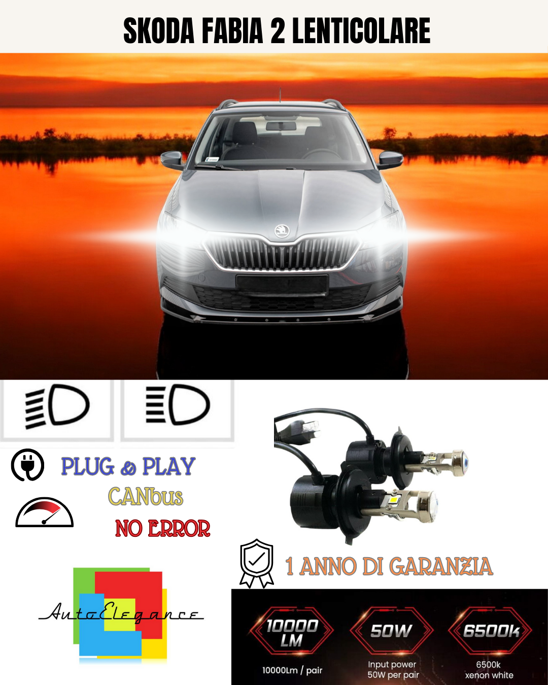 KIT BI-LED H4 SKODA FABIA 2 6000K BIANCO LENTICOLARE