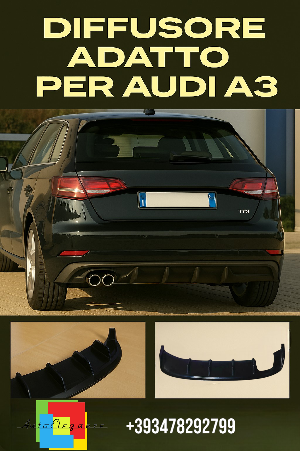 DIFFUSORE ADATTO PER AUDI A3 8V RS3 12-16 LOOOK NERO LUCIDO 2SX SPORTIVO