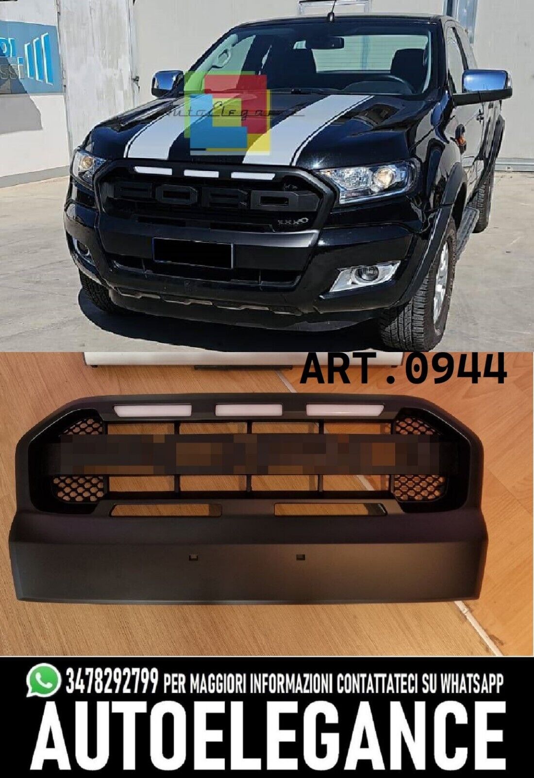GRIGLIA MASCHERINA + LED NERO ADATTO PER FORD RANGER TK T6 T7 2015-2019