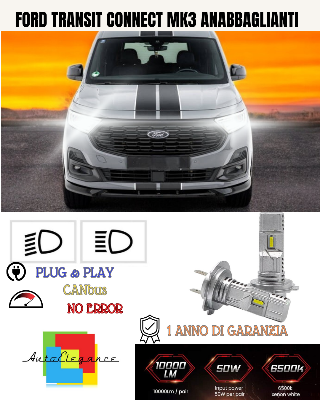 KIT FULL LED FORD TRANSIT CONNECT H7 6000K BIANCO 6000 LUMEN ANABBAGLIANTI