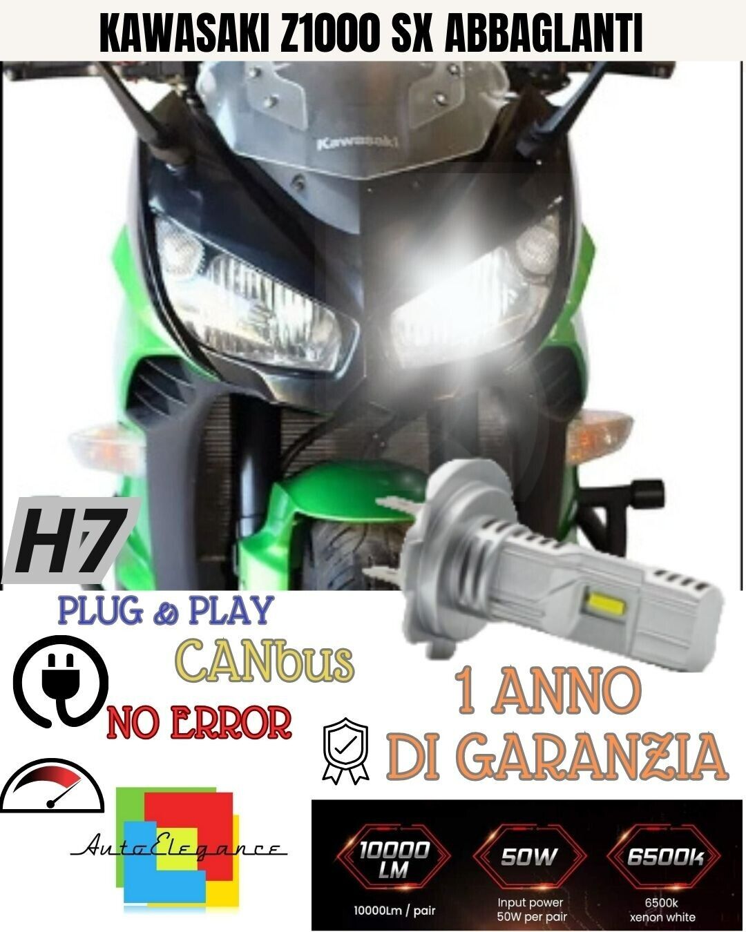 LAMPADA LED H7 6000K 3500 LUMEN CANBUS KAWASAKI Z1000 SX ABBAGLIANTE NO AVARIA.