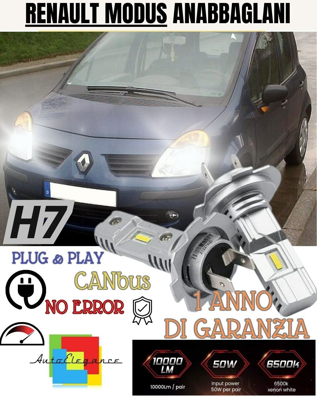 KIT LED H7 PER RENAULT MODUS 6000K BIANCO 6000 LUMEN CANBUS ANABBAGLIANTI
