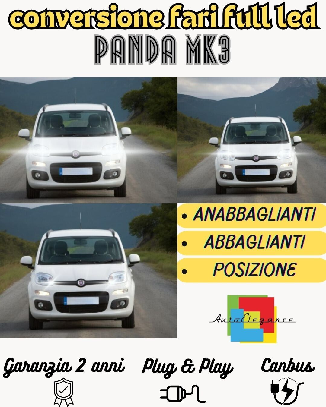 KIT CONVERSIONE FARI FULL LED PER FIAT PANDA MK3 6000K BIANCO CANBUS 19000 LUMEN
