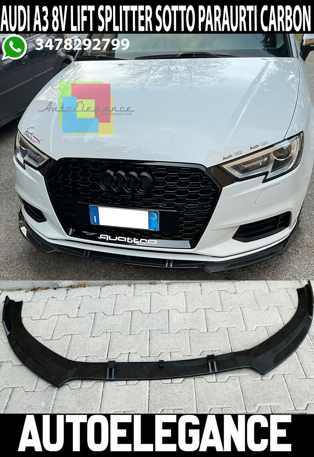 SPLITTER SOTTO PARAURTI AUDI A3 8V LIFT ABS CARBON LOOK SPOILER RS3 -X1-