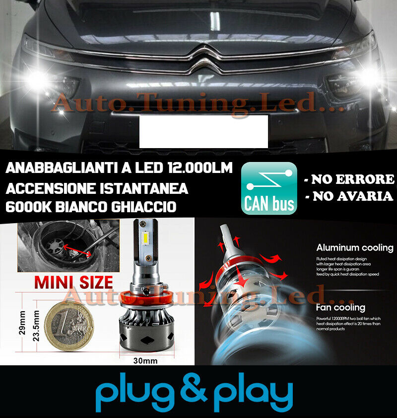 LAMPADE ANABBAGLIANTI LED CITROEN C4 PICASSO ISTANTANEO NO AVARIA 12.000LM