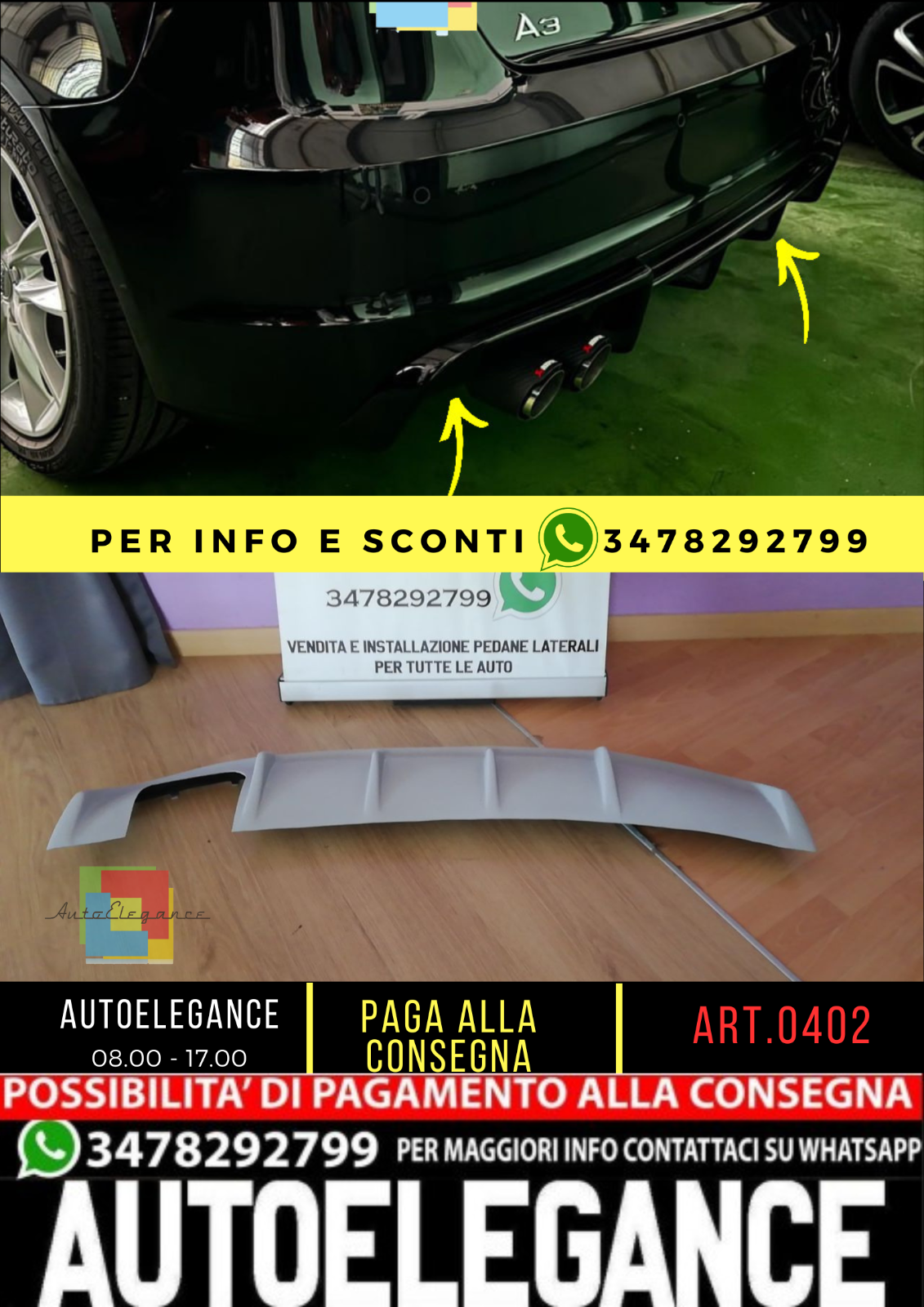 0402 DIFFUSORE ADATTO PER AUDI A3 8V 2012-2016 SLINE LOOK RS3 2SX