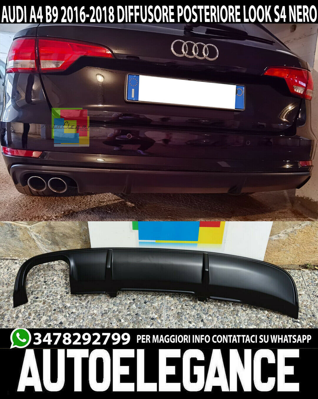 DIFFUSORE POSTERIORE PER AUDI A4 B9 8W 2015-2018 SOTTO PARAURTI ABS NERO ABS