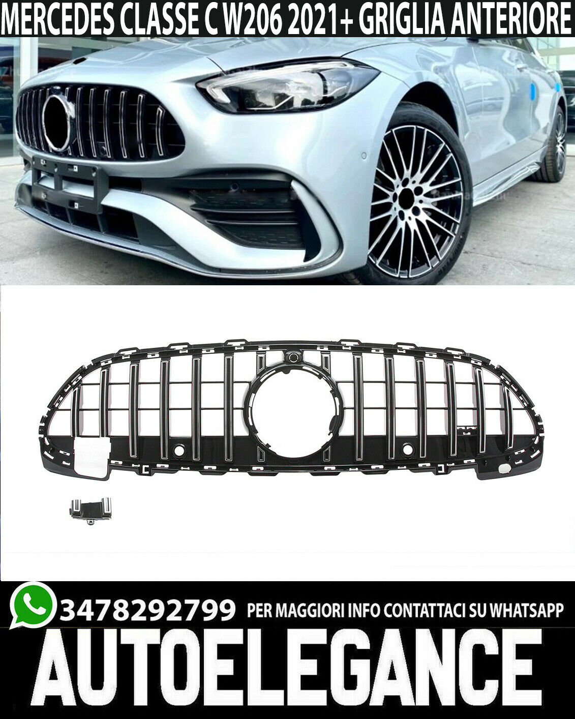 GRIGLIA ANTERIORE MERCEDES CLASSE C W206 S206 AMG MASCHERINA PROFILI SATINATO -