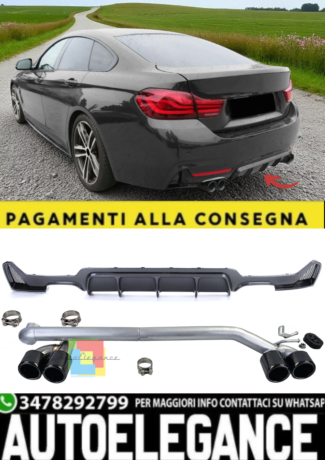 Diffusor Hinten Wirkung Kohlenstoff + Endrohr f&uuml;r BMW Serie 4