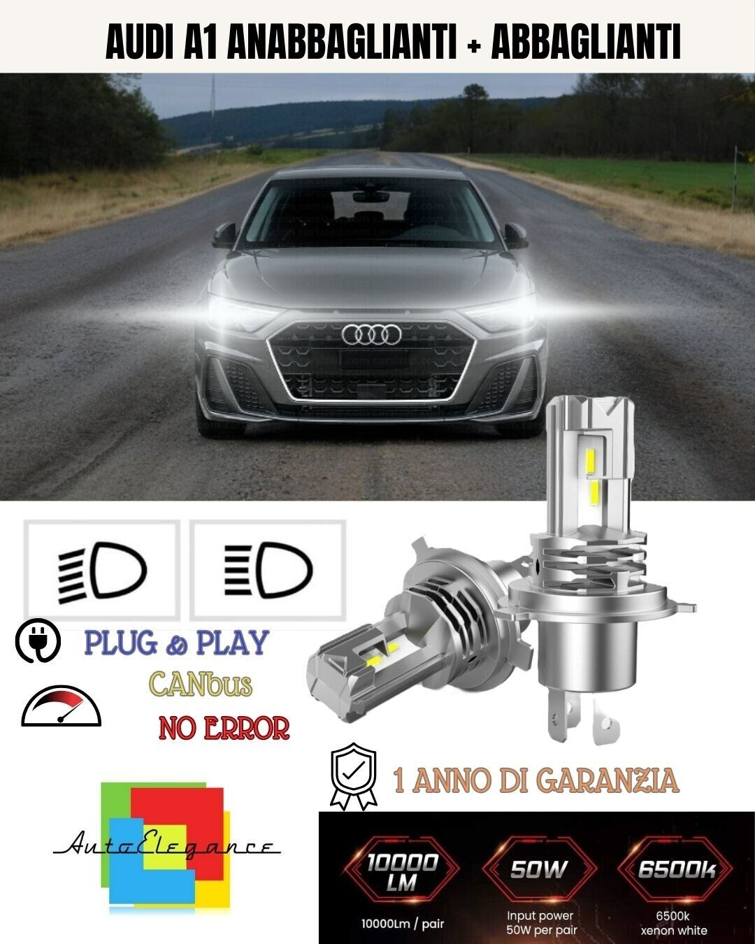 KIT FARI FULL LED AUDI A1 ANABBAGLIANTI H7 ABBAGLIANTI H1 6000K CANBUS NO ERROR