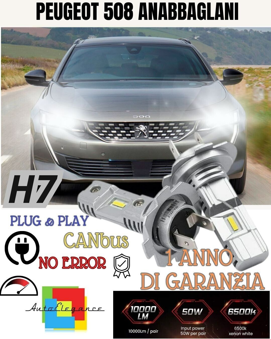 KIT LED H7 PER PEUGEOT 508 6000K BIANCO 6000 LUMEN CANBUS ANABBAGLIANTI