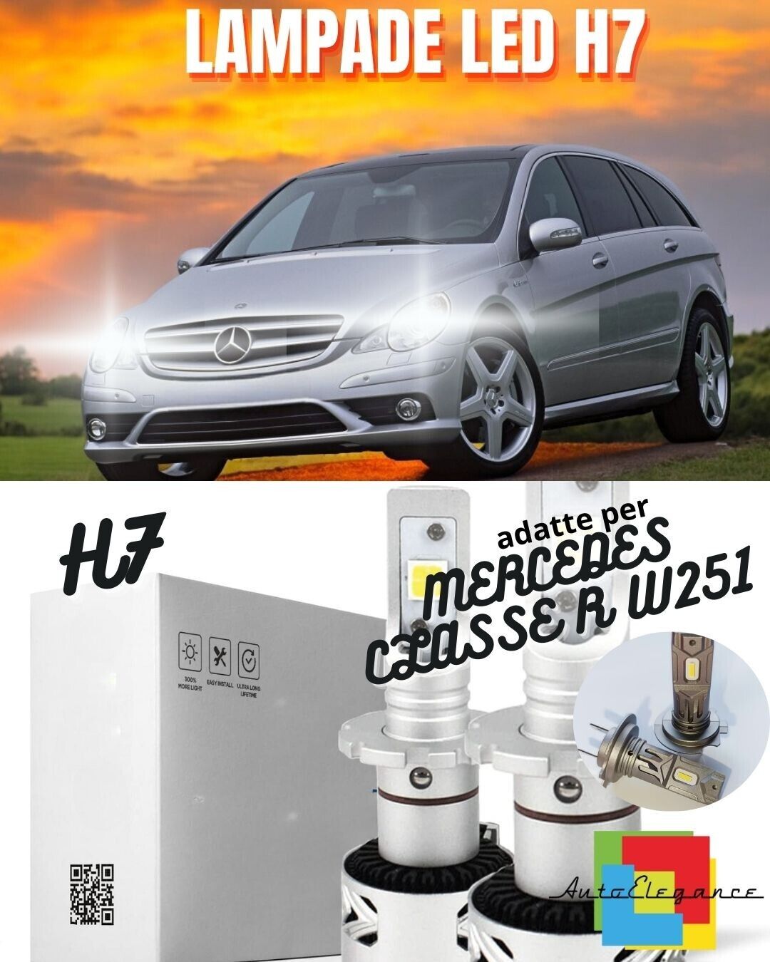 KIT LED H7 MERCEDES CLASSE R W251 6500K CANBUS XENON 12000LM LUMEN MONO LED