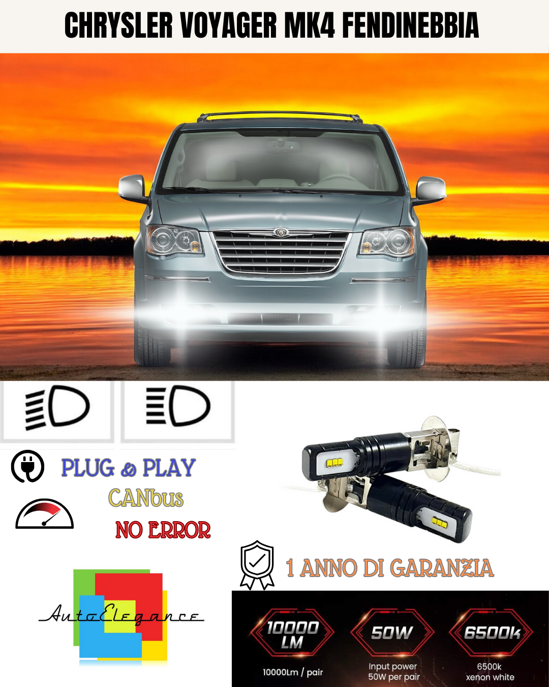 KIT LED H3 CHRYSLER VOYAGER MK4 6000K BIANCO FENDINEBBIA