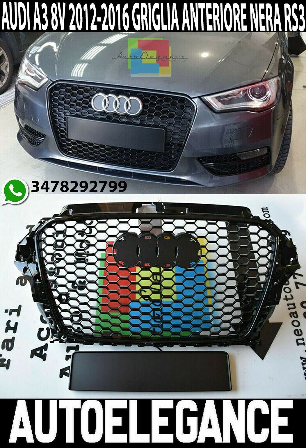 FRONTGRILL OHNE LOGO AUDI A3 8V 2012-2015 RS3 WABENGRILL SCHWARZ