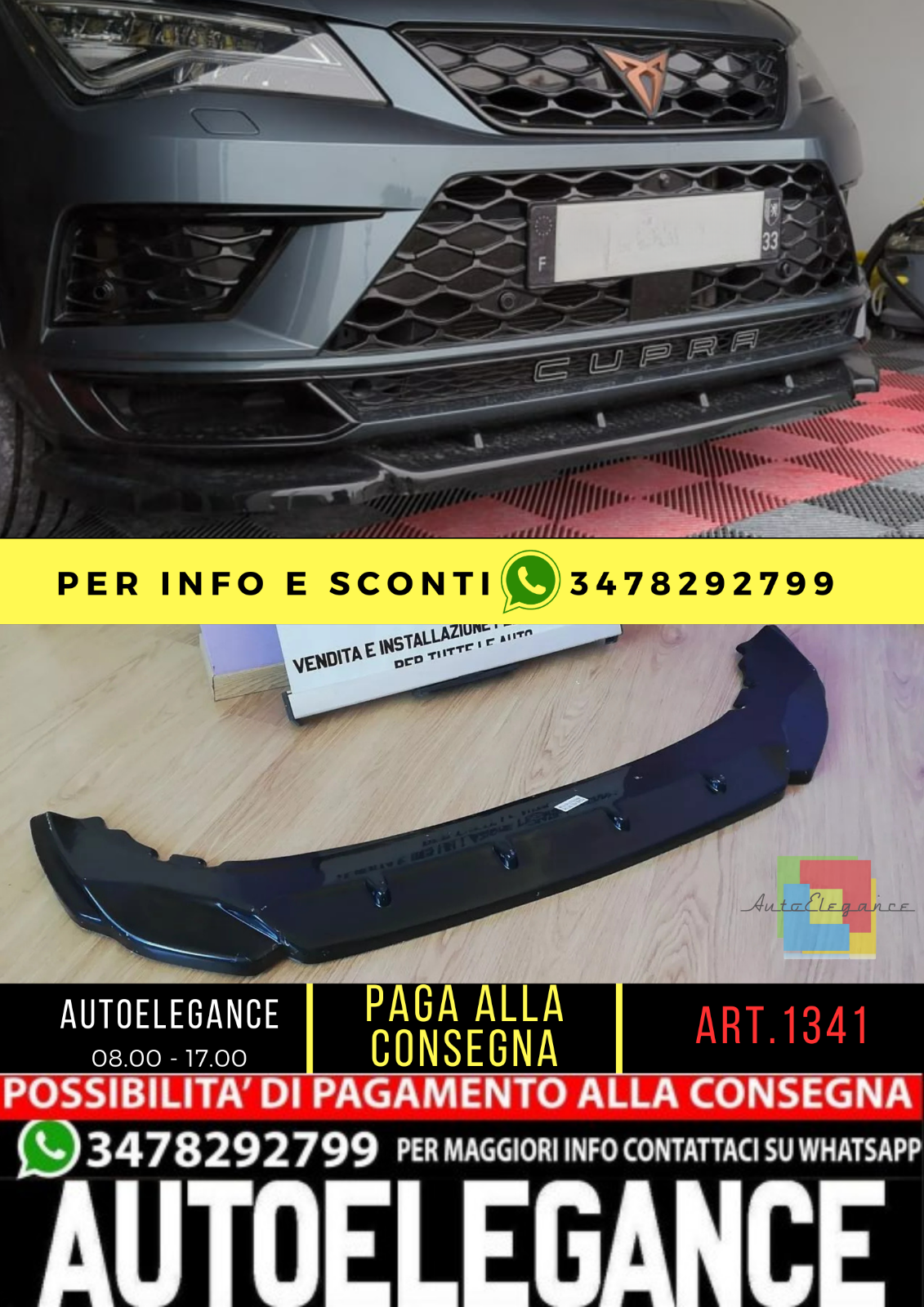 1341 Splitter Anteriore Nero Lucido adatto per CUPRA Ateca 2018+
