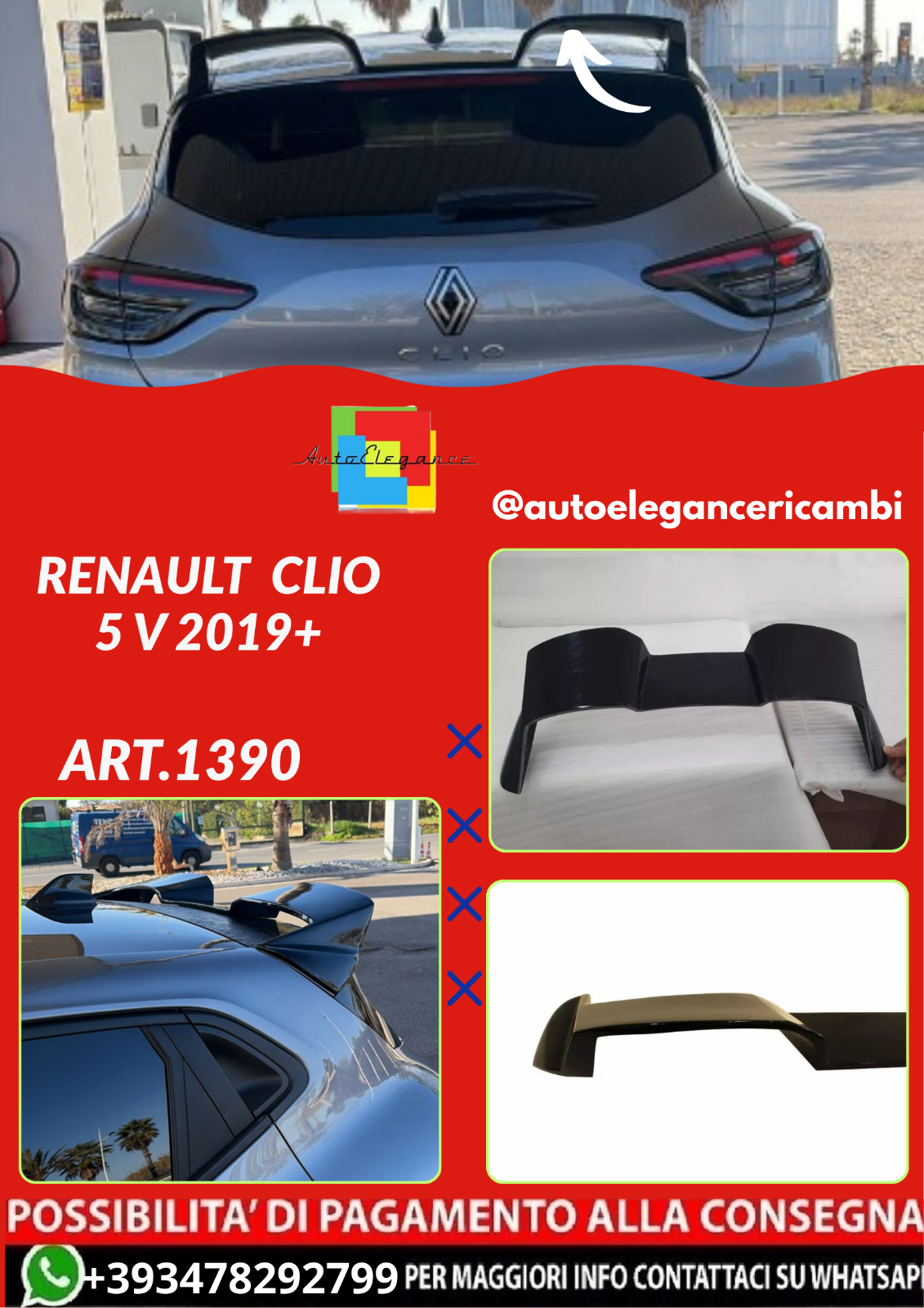 ART.1390 SPOILER RENAULT CLIO 5 V AB 2019 SCHWARZ GLÄNZEND CUP