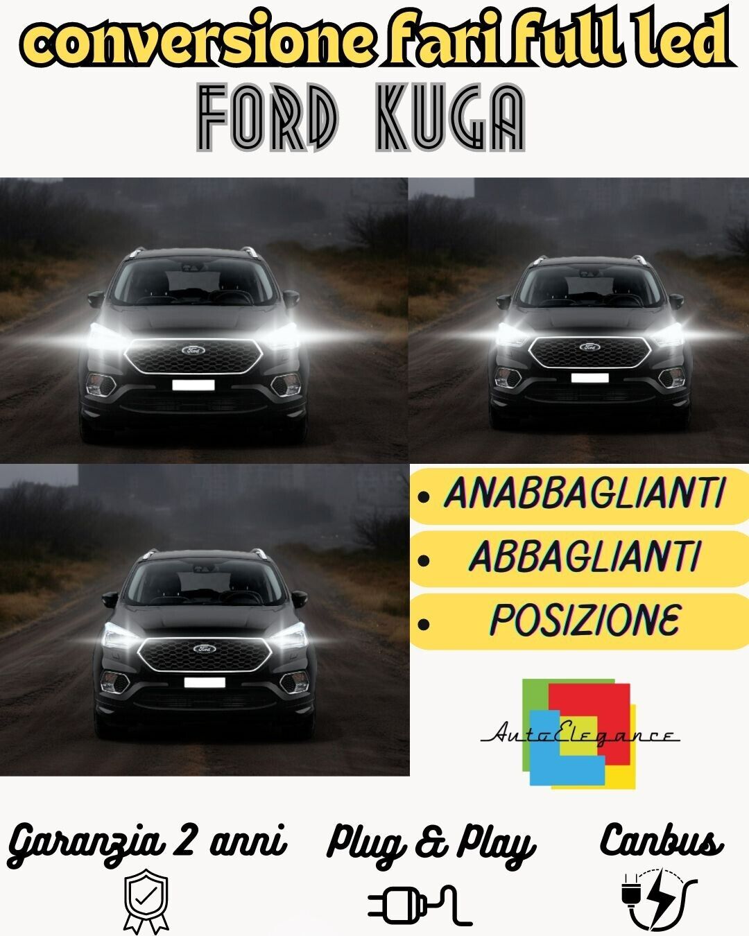KIT FARI FULL LED FORD KUGA ANABBAGLIANTI H7 + ABBAGLIANTI DIURNE DRL H15 CANBUS