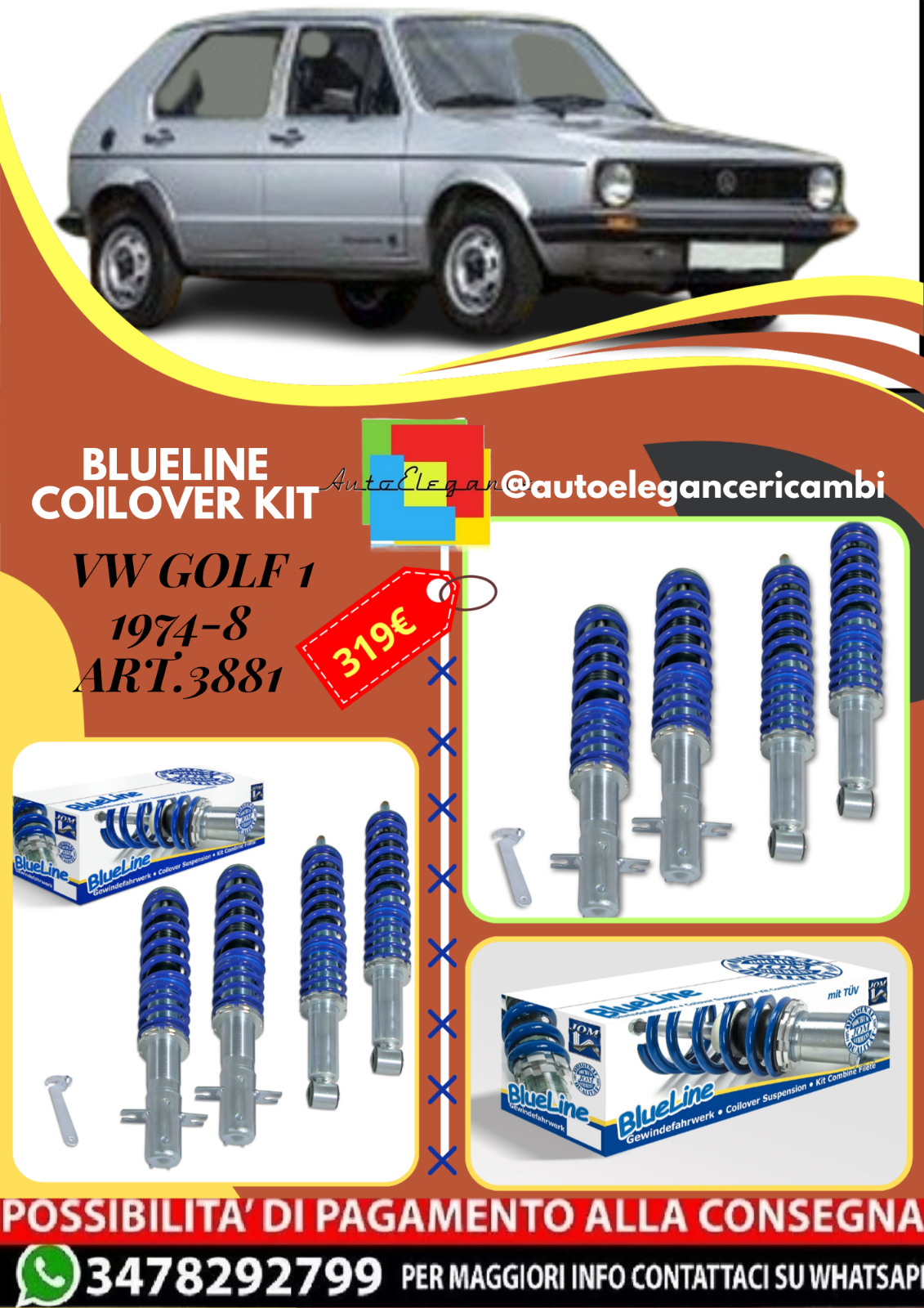 Art.3881 Kit assetto a ghiera BlueLine adatto per VW Golf 1 anno 1974-8