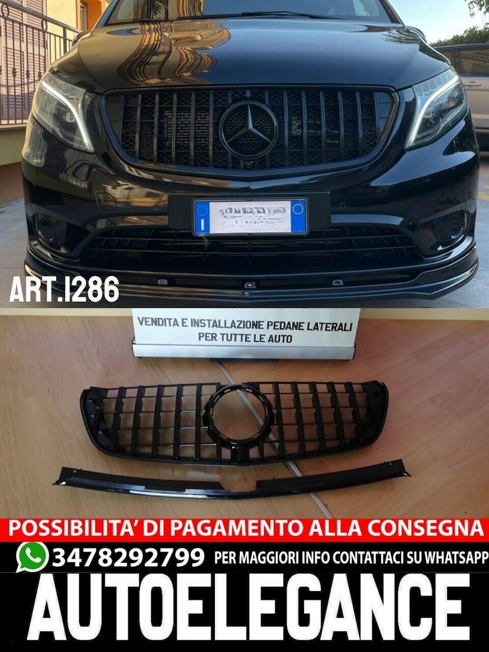 Grille Adapt&eacute; pour Mercedes Classe V W447 2014-2019 AMG Look Gt Noir Poli