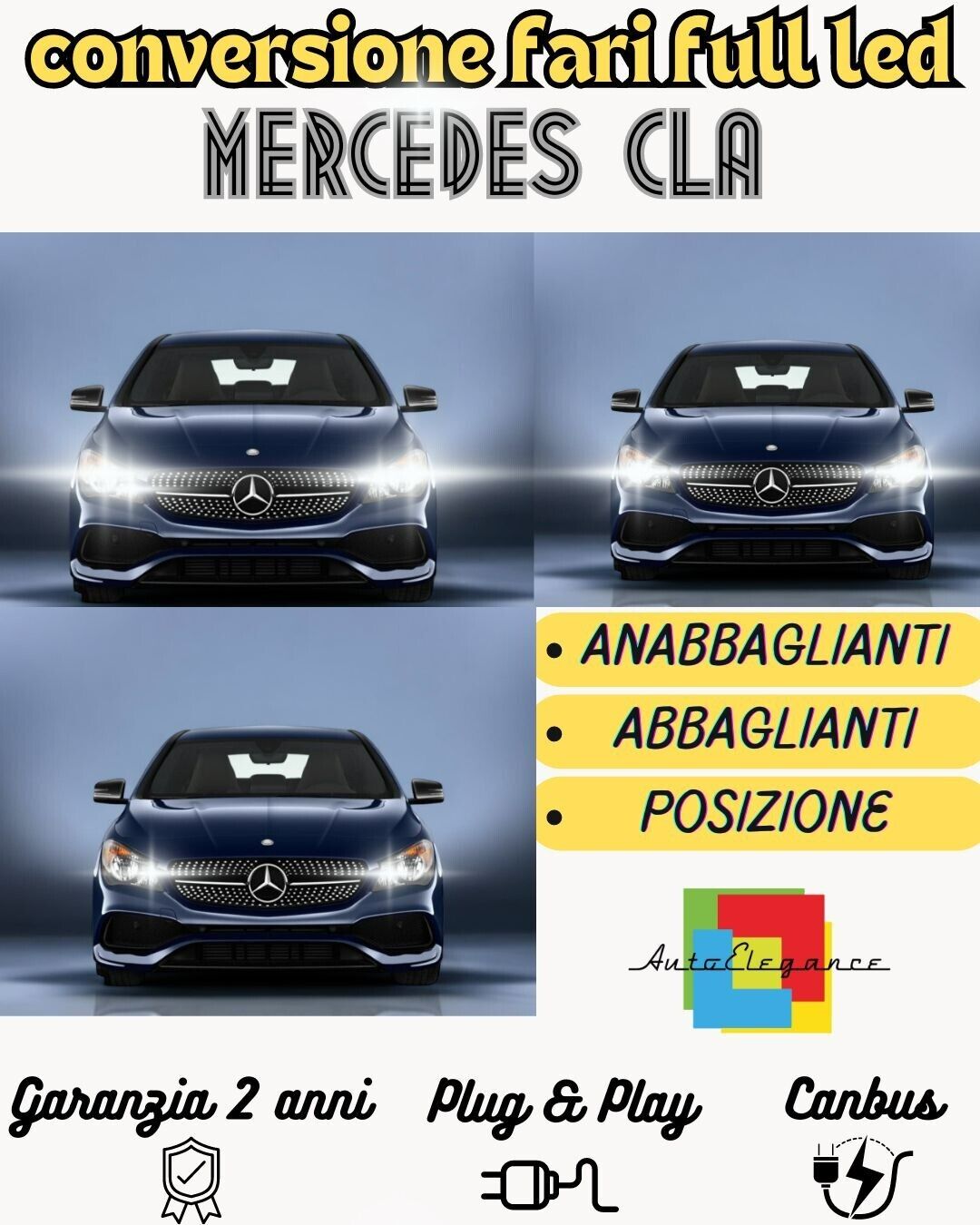 KIT FARI FULL LED MERCEDES CLA ANABBAGLIANTI H7 + ABBAGLIANTI DIURNE H15 CANBUS