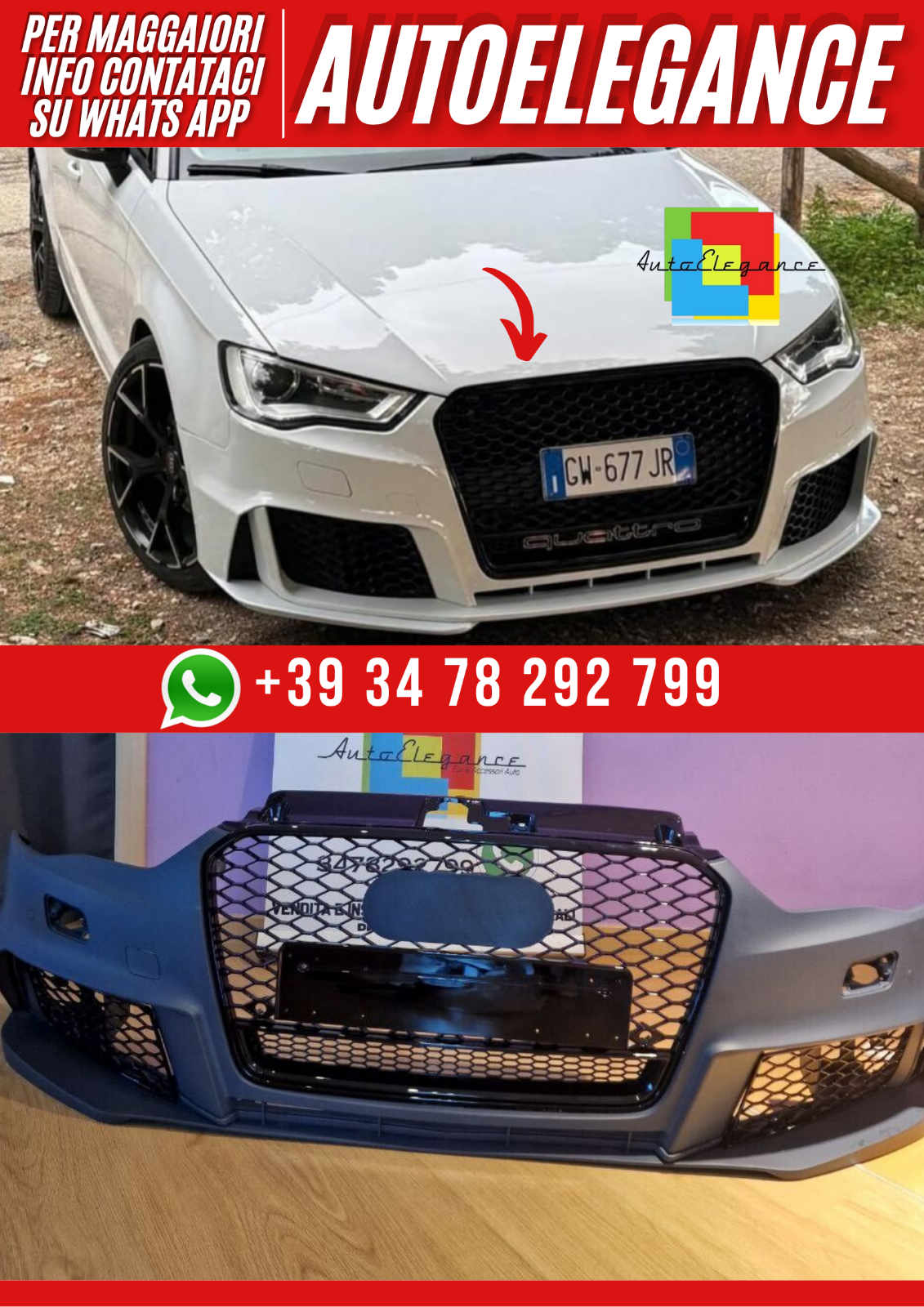 ART. 0812 PARAURTI ANTERIORE A3 8V 2012-2016 LOOK RS3 + GRIGLIA QUATTRO