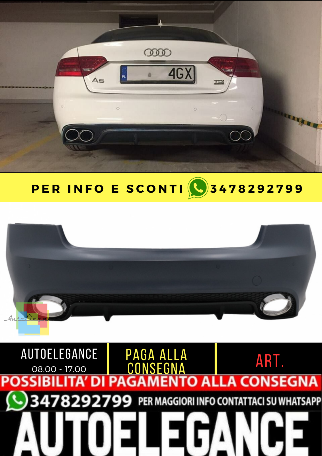 1045355 Parachoques Trasero Adecuado para Audi A5 2007-2011 Look Sport Negro