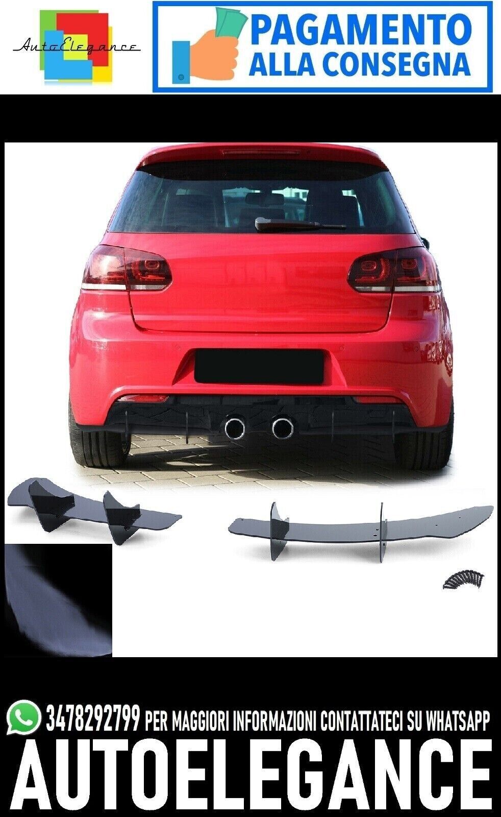 Divisor de inserci&oacute;n de difusor trasero negro brillante para VW Golf 6 R20 08-13