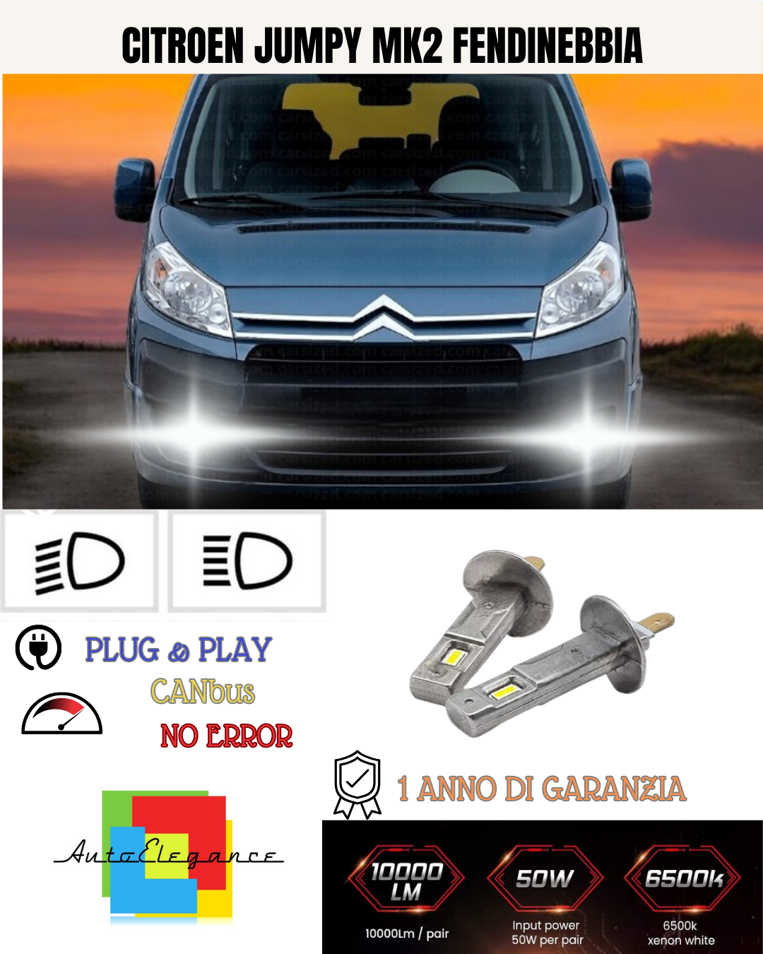 KIT LED H1 CITROEN JUMPY MK2 FENDINEBBIA 6000K BIANCO 6000 LUMEN