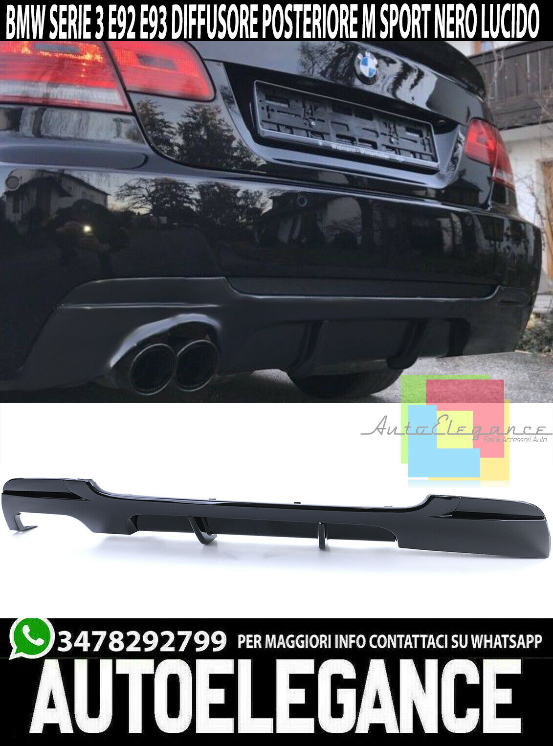 Diffuseur Arri&egrave;re M BMW Serie 3 E92 2006-2013 Sous Pare-Chocs Noir Poli ABS