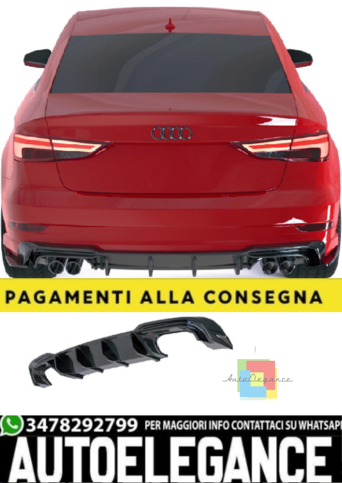 Diffusore Posteriore per Audi S3 8V Sedan Facelift (2016–2020) – Nero Lucido