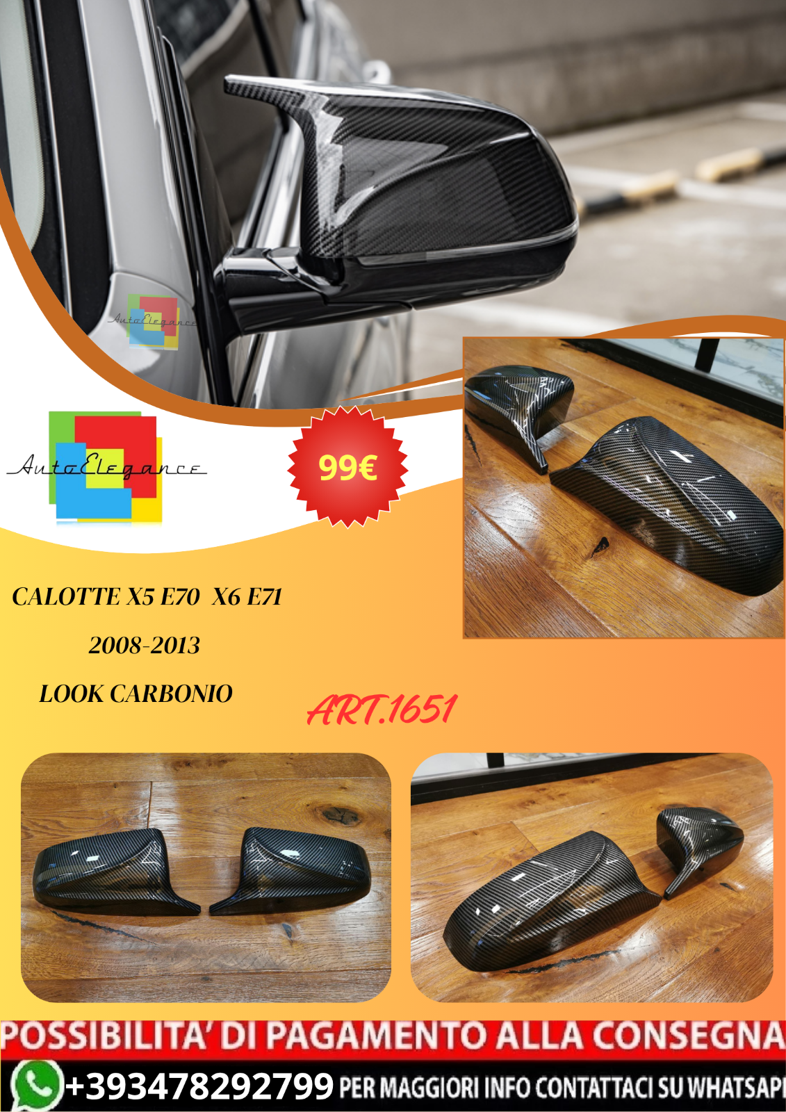 💫ART. 1651 CALOTTE X5 E70  X6 E71 2008-2013 LOOK CARBONIO 💫